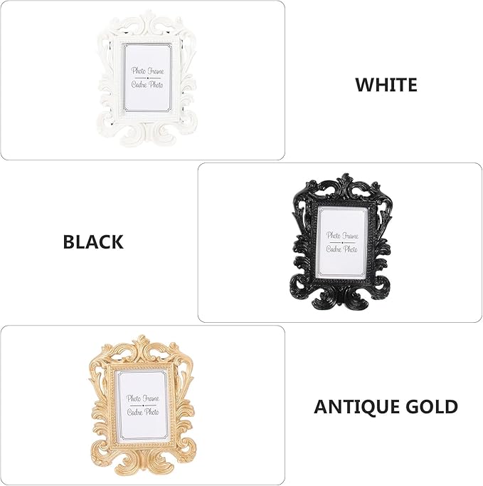3pcs Mini Baroque Photo Frames Small Vintage Picture Display Stands for Desktop Tabletop Decoration White Black and Antique Gold Square Frame for Home Bedroom Living