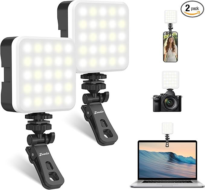 Zeadio Portable LED Pocket Light with Clip - Adjustable 3000K-7000K Color Temperature Camera Light, CRI95, Small Video Selfie Light for Tabletop Filming/Selfie/Cell Phone/Photography, Pack of 2