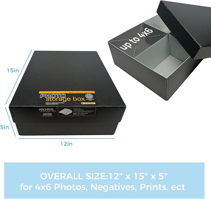 Lineco, 4x6 Photo Storage Box, Archival Pictures Organizer, Holds up to 1700 of 4 x 6 Photograph, Store & Preserve Prints, Docs, Reports, Removable Lid 15.5" x 12" x 5"