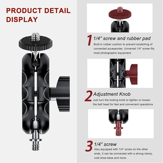 Mini Magic Arm with Dual Ball Head and 1/4'' Screw - Compatible with Super Clamp, Camera Cage, Monitor, and Microphone - Max Load 4.4lb/2kg