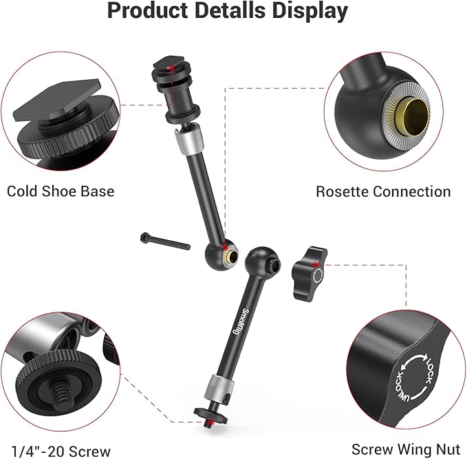 SMALLRIG Articulating Rosette Arm Max 11'' Long with Cold Shoe Mount & Standard 1/4"-20 Threaded Screw Adapter - 1498