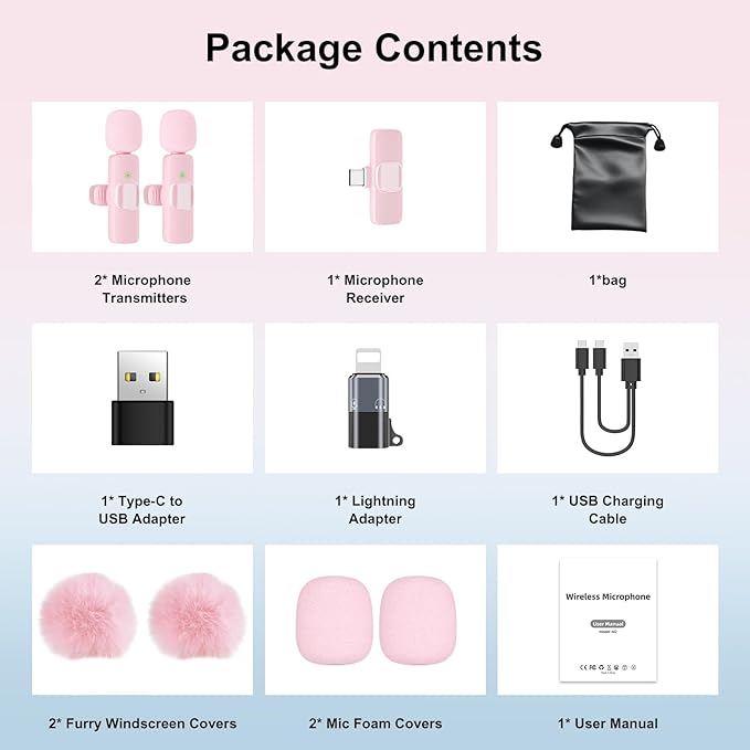 PoP voice Pink Wireless Lavalier Microphone for iPhone/Android - Mini Clip-On Mic with Noise Cancellation, 65ft Range, 12H Battery, Lapel Mic for Record Video, Podcast Vlog Content Creator Interview