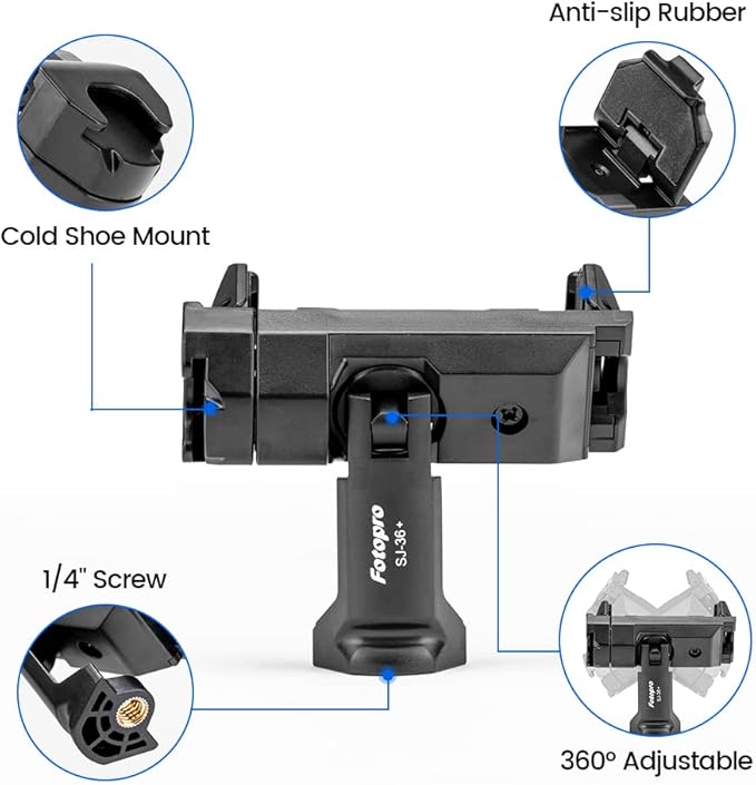 Fotopro Phone Tripod Mount Cold Shoe Rotatable Universal Cell Phone Mount Adapter for Monopod Selfie Stick Desktop Tripod Video Vlogging Photograph