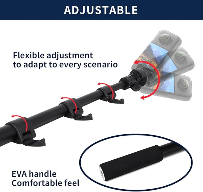 Motorcycle Bike Handlebar Double Clamp Mount Invisible Selfie Stick Super Camera Clamp 360°Rotating Extendable Ballhead Magic Arm 21-60 in for Insta360 ONE X3 X2 X RS R Go 2 3 Action Camera