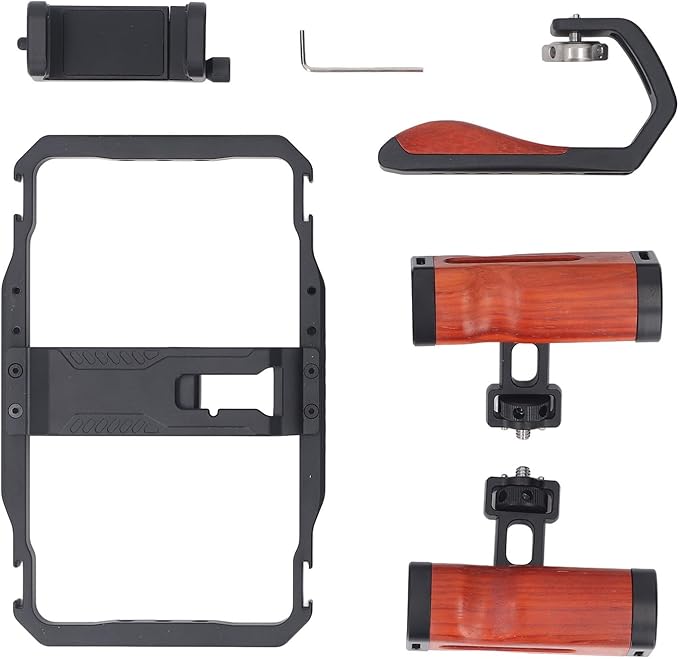 Aluminum Alloy Detachable Dual Wooden Handles Phone Cage for Cellphone Handheld Stabilizer, Smartphone Video Rig Kit, Universal Phone Video Rig Kit for Vlogs Videos Live Streaming