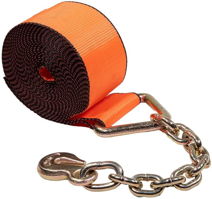 Mytee Products 4" x30' Winch Strap with Chain Anchor - 6670 lbs High Abrasion 18" Chain Extension with Grab Hook - 4 Inch Heavy Duty Tie Down Straps for Flatbed Truck Utility Trailer