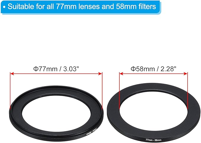 PATIKIL 77mm-58mm Metal Step Down Ring with Cleaning Cloth, 2 Pack Camera Lens Filter Adapter Ring Aluminum Filter Adapter Ring for Camera Lenses Hood, Black