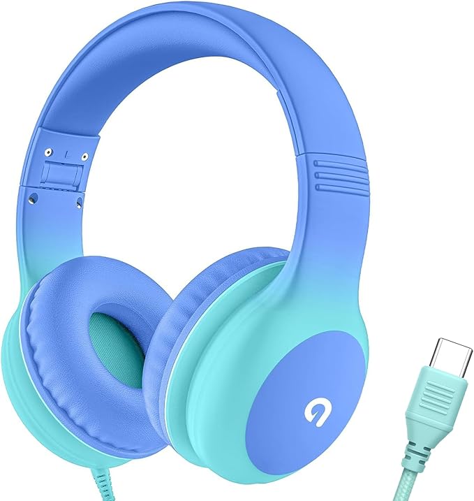 Wired Kids Headphones with USB C Plug, 85dB Safe Volume, Adjustable Headband, Tangle-Free Cord Headphones for School, Tablet, Travel (Sky Blue & Mint Green, Without Microphone)