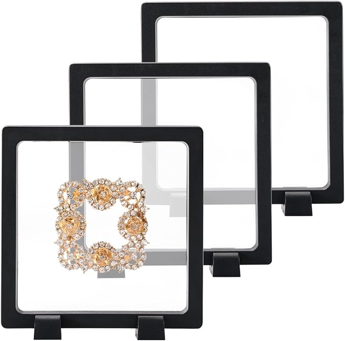 3PCS 3D Transparent Floating Frame with Stand, CAIYA Challenge Coin Display Holder, Floating Display Case for Jewelry, Medals, Specimens, Small Items, Fossils Rocks,4.3x4.3 inches