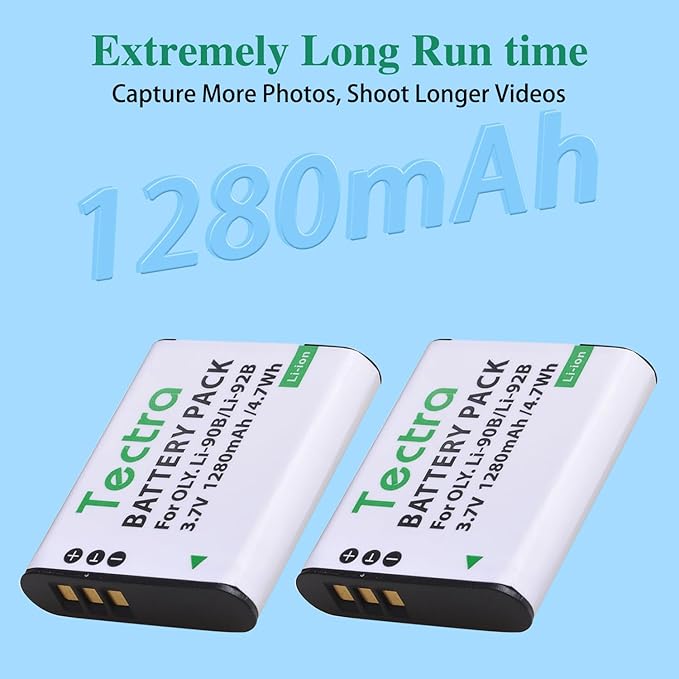 Tectra 3-Pack Li-90B Li-92B DB-110 Battery + Charger for Olympus Tough TG-7, TG-6, TG-5, TG-Tracker, SH-1, SH-2, SP-100 IHS, Tough TG-1 iHS, TG-2 iHS, TG-3, TG-4, SH50 iHS, SH60, XZ-2 iHS