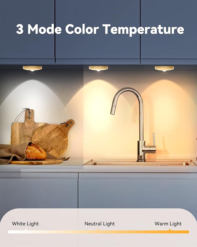 Rechargeable Puck Lights, 6-Pack LED Tap Lights with Remote, 1500mAh Battery, Dimmer & Timer, Wireless Stick-On Under Cabinet Lights for Closet, Bedroom, Kitchen, Gold 6Pcs