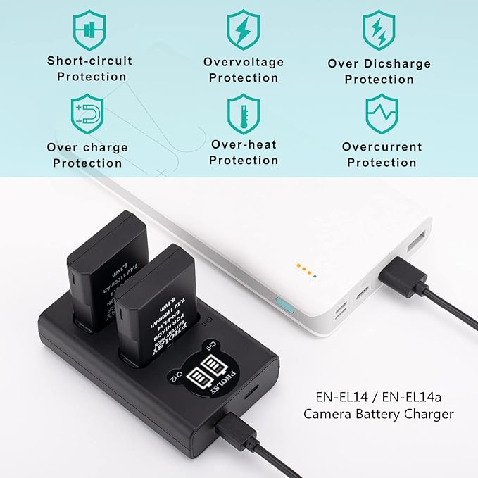 EN-EL14 Charger, PHOLSY Camera Battery Charger EN-EL14 USB Charger MH-24 for EN-EL14 EN-EL14a Battery Compatible with Nikon Camera P7800 P7700 P7100 P7000 D5600 D5500 D5300 D5100 D3500 D3400 D3300
