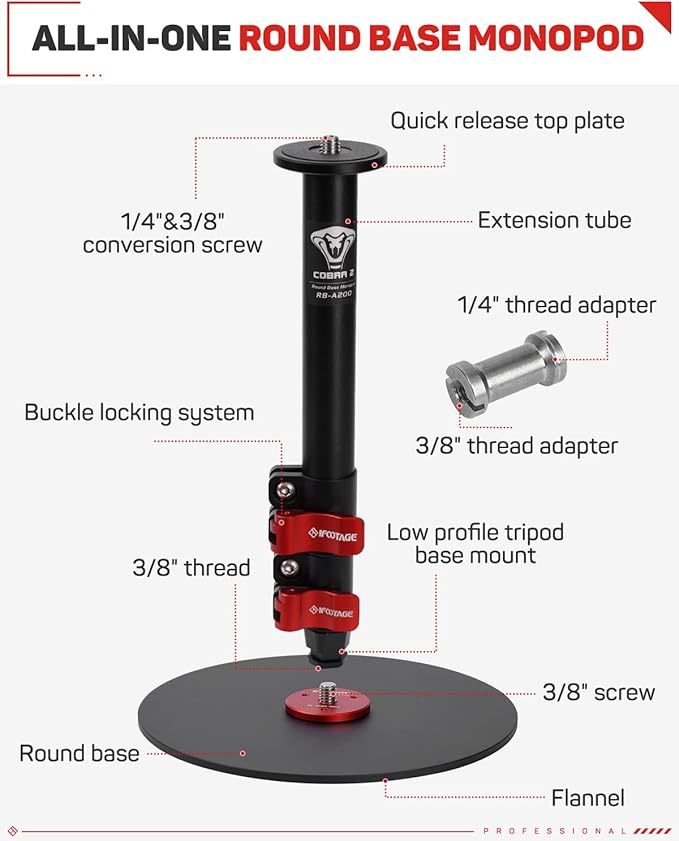IFOOTAGE A200 Round Base Monopod, 22" Table Top Video Monopod, Aluminum Camera Mono pod with Base, Compatible with DSLR Camera, Light, Webcam for Live Streaming, Vlogging, Payload 10KG/22LBS