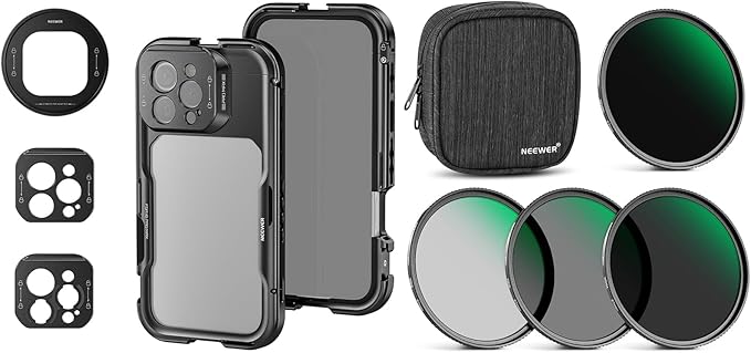 NEEWER PA074 16 Pro Max Cage, Video Rig Phone Stabilizer Compatible with iPhone 16 Pro Max with 67mm Filter Adapter, 17mm Lens Backplate, T Mount Lens Adapter, 67mm Fixed ND Filter Kit Included