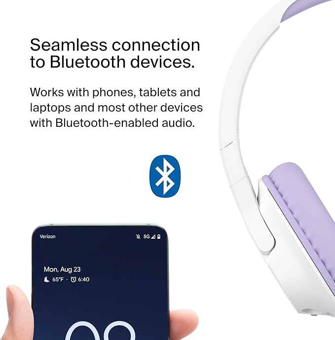 Belkin SoundForm Inspire Wireless Over-Ear Headset for Kids, Online Learning & Travel w/Built-in Microphone, 85dB Safe Volume Limit, 35H Battery - Compatible w/iPhone, iPad, Galaxy & More - Lavender