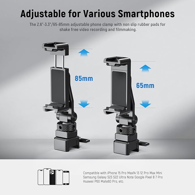 NEEWER Metal Phone Tripod Mount with Cold Shoe NATO Clamp Compatible with DJI RS5 RS4 RS3 Pro RS2 RSC2 Gimbal Stabilizer, 180° Tilt Phone Clip Holder Compatible with iPhone 15 Pro Camera Cage, GA010