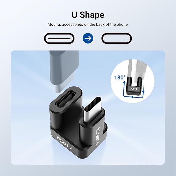NEEWER USB Type C Adapter, 180 Degree U Shaped USB C OTG Adapter Extender Mobile Photography Accessories Compatible with iPhone 17 16 15 Samsung S25 Ultra Phone Cage & Case, PS017