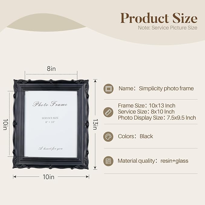 Cuspin Black 8x10 Picture Frame, Gothic Photo Frame Vintage Handmade Resin Frames with Carved Texture & Glass Front for Tabletop Display or Wall Hanging