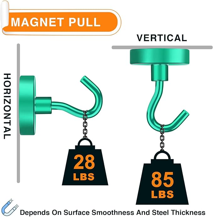 MIKEDE Magnetic Hooks Heavy Duty, 85LB Strong Magnet with Hook for Fridge, Super Neodymium Extra Strength Industrial Hooks for Hanging, Magnetic Hanger for Toolbox, Cruise, Grill(Green,4 Pack)