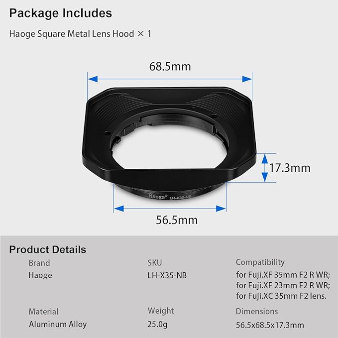 Haoge Metal Squaret Lens Hood for Fujifilm XF 35mm F2 R WR, XF 23mm F2 R WR, XC 35mm F2 Lenses, XF35mm f2, XF23mm f2, XC35mm Bayonet Lens Hood Shade, Replaces Fuji LH-XF35-2 Lens Hood