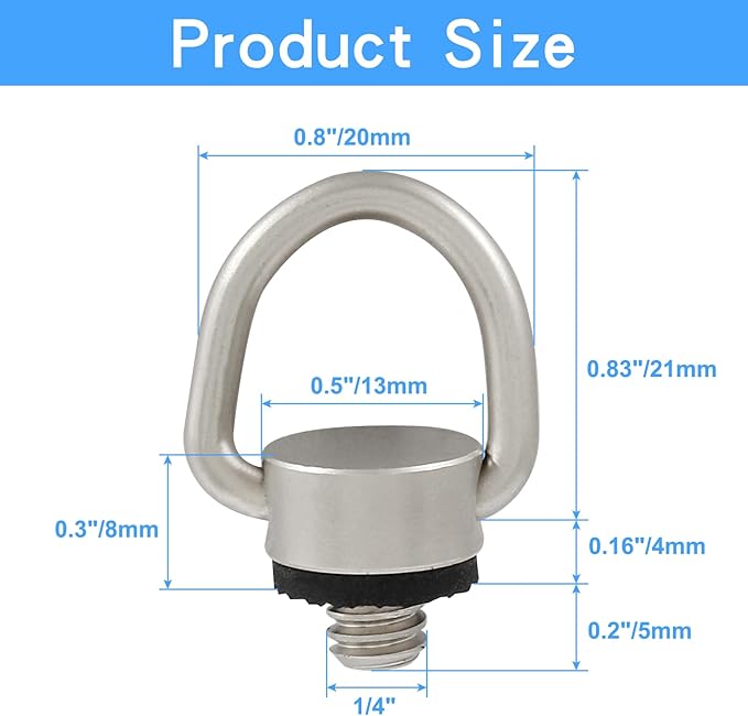 Litoexpe Stainless Steel D Ring Screw, 1/4"-20 Camera Fixing Screw with Rubber Padded for Tripod DSLR Camera Shoulder Straps, Wrist Straps, Selfie Sticks, Gimbals