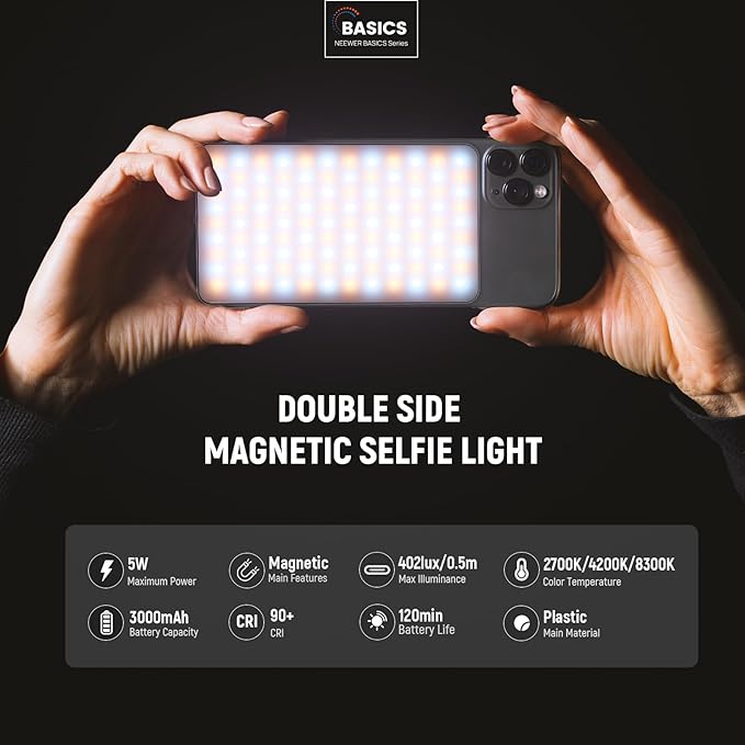 NEEWER Basics 5W Magnetic Phone Selfie Light for iPhone MagSafe, Dual Sided Clip LED Lighting 402lx/0.5m CRI90+ 3000mAh for Camera Recording Computer Video Conference Makeup Streaming, NL129D