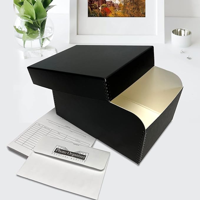 Lineco 4x6 Photo Storage Box, with 12 Acid-Free Envelopes, Holds Up to 1000 3.5" x 5", or 4" x 6" Photos, Metal Edge Archival Storage Box for Photos Stickers Stamps Seeds, 5.5x7.5x11. Black