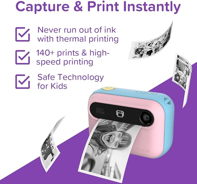 New myFirst Camera Insta 20 - Instant Print Digital Camera for Kids with 16MP Photos 1080P, 4-12 Years Old Girl Gift Ideas, Thermal Printing No Ink, Support Micro SD Card (Cotton Candy)
