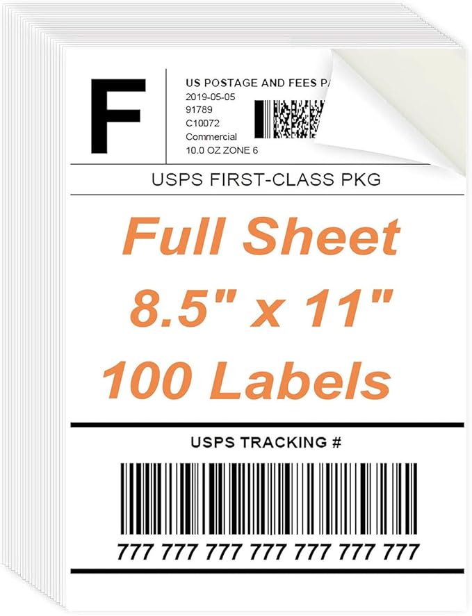 Full Sheet Labels, 8.5" x 11" - 100 Sheets Full Page Labels Printable White Sticker Paper for Laser/Inkjet Printers - Matte, Letter Size
