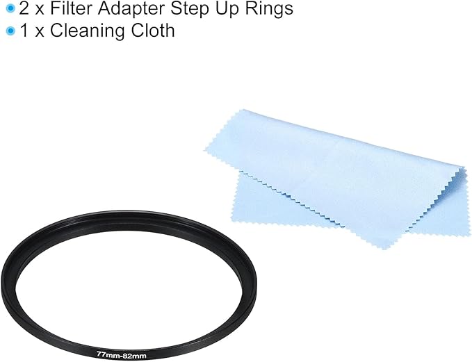 PATIKIL 77mm-82mm Metal Step Up Ring with Cleaning Cloth, 2 Pack Camera Lens Filter Adapter Ring Aluminum Filter Adapter Ring for Camera Lenses Hood, Black
