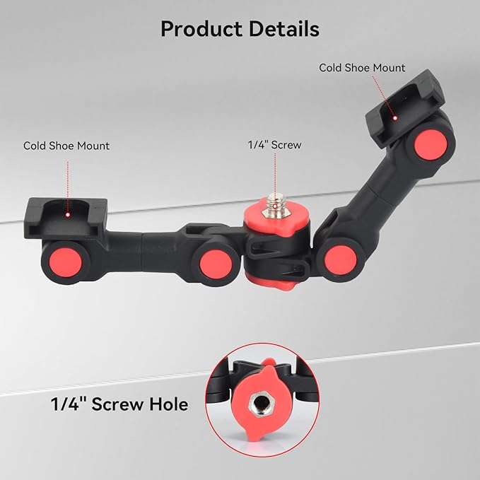 UTEBIT Dual Cold Shoe Mount, Extension Bar Universal Cold Shoe Adapter with Phone Holder Mount, 1/4" Thread Holes Cold Shoe Mount for Microphone,Led Video Light, Audio Recorder Monitors