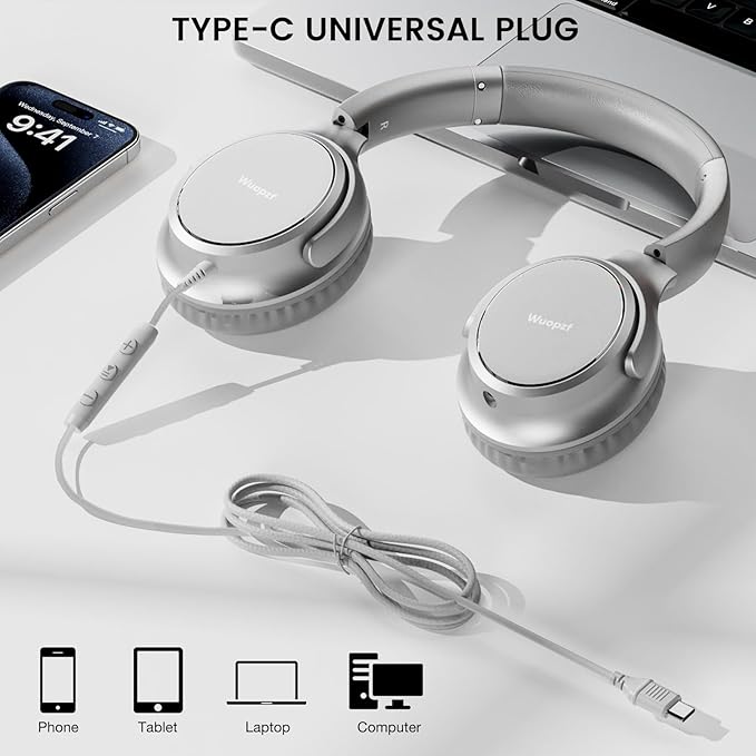USB C Wired Over-Ear Headphones with Microphone, Volume Control, Share Port, and Adjustable Headband Foldable Stereo Headset for iPhone 16, Samsung, Laptop, Gaming, Travel