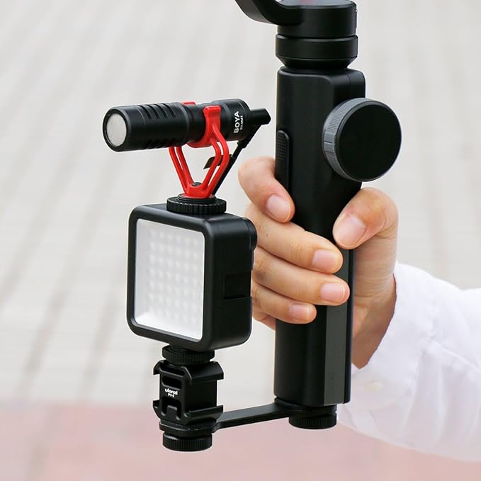 ULANZI PT-3 Triple Cold Shoe Mounts Plate Microphone Led Video Light Extension Bracket Microphone Stand Rig Compatible for DJI OSMO Mobile 3 2 OM 4 Zhiyun Smooth 4/Feiyu Vimble 2 Gimbal Stabilizer