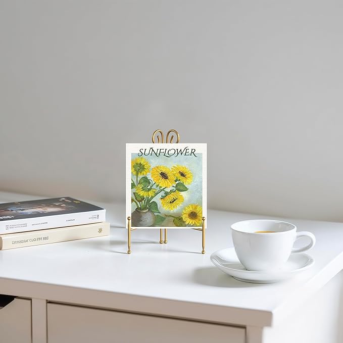 HEMYLU Display Stand for Plate, Foldable Metal Plate Stand for Table, Decorative Easel Holder for Picture Frames, Photos, Wedding Cards, Sign Posters, Cavas, 6-inch Gold 2-Pack
