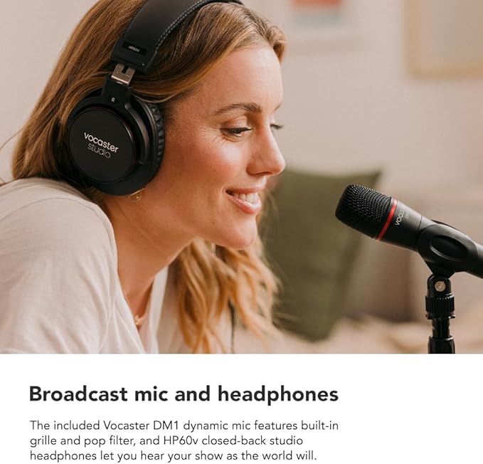 Focusrite Vocaster One Studio – Podcasting Interface for Solo Podcast Recording with Professional Quality Vocaster DM1 Dynamic Microphone & HP60v Headphones. 1 Mic Input & Headphone Output
