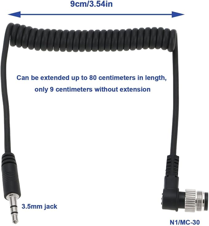 eMagTech 2PCS 3.5mm to N1 Camera Shutter Release Cable Compatible with MC-30 Compatible with Nikon Series Extended to 80cm in Length