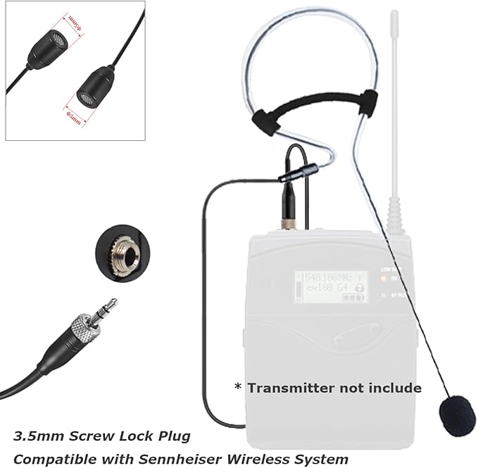 Black Single Earset Headset Microphone Headworn Over Ear Hanging Condenser Mic Compatible with Sennheiser Wireless Bodypack Transmitter System with 3.5mm Female Screw Plug