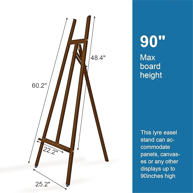 Somime A - Frame Wooden Display Easel with Wheels - Adjustable Lyre Beechwood Studio Easel Stand Holding Canvas Up to 90", Inclinable Artist Floor Painting Easel for Artwork Painting, Brown