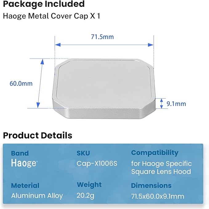 Haoge Square Metal Cover Cap for Haoge Specific Square Lens Hood Silver Cap-X1006S