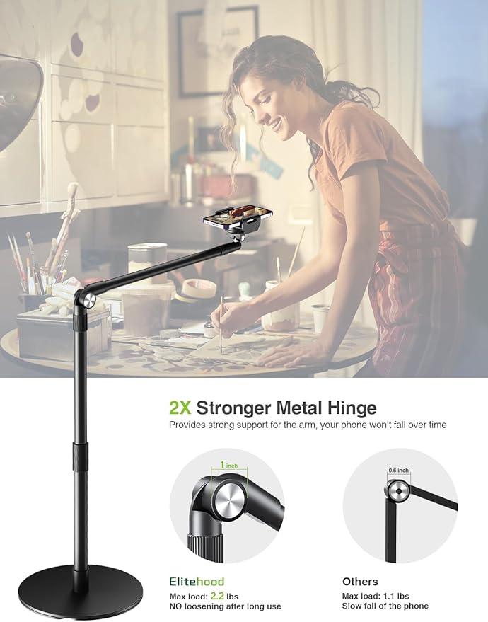 elitehood Heavy Duty Aluminum Overhead Phone Stand, 15 in Long Arm iPhone Holder for Video Recording, 360 Degrees Swivel Tilt Overhead Phone Mount for Filming, Meeting, Cooking, Painting and Crafting