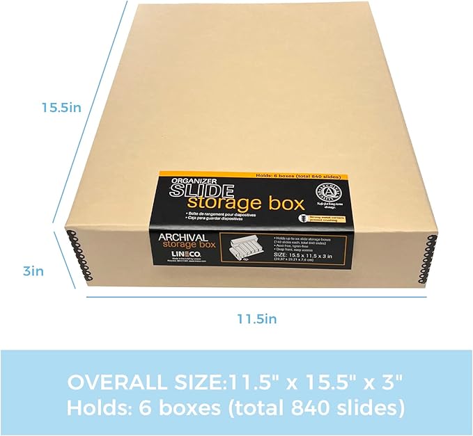 Lineco, Archival Slide Storage Box 15.5" x 11.5" x 3", Holds Up To 840 Films, with 6 Inner File Cases, Tan (Pack of 2)