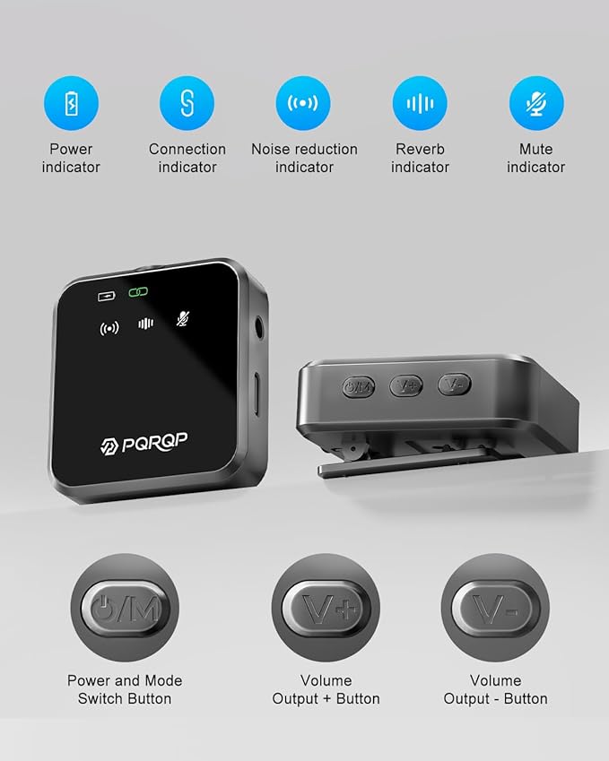 PQRQP 3-in-1 Mini Microphone for iPhone/Android/Camera, Hi-Fi Audio, Wireless Microphones, 328ft Range, 20H Battery, Lapel Mic with Noise Reduction for Live Streaming, TikTok, YouTube (Graphite Gray)