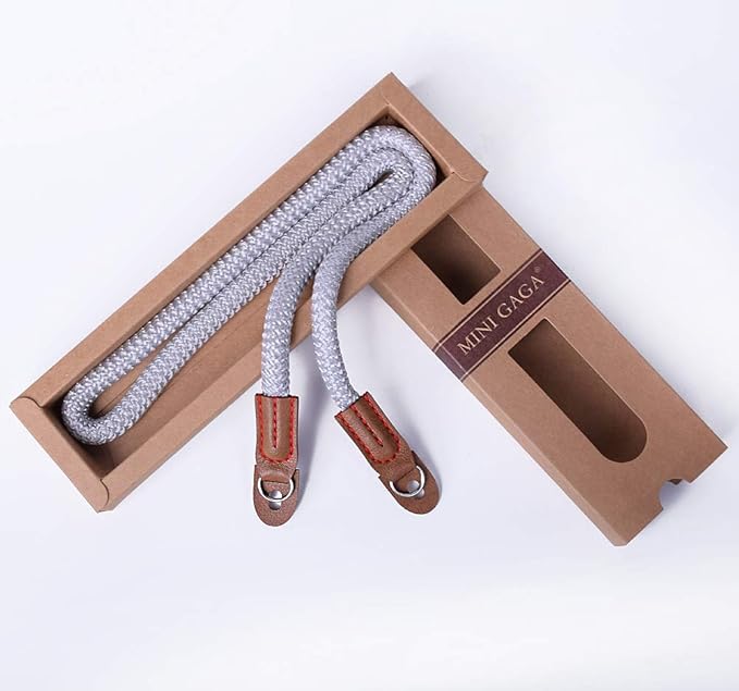 MINI GAGA Vintage Handmade Cotton Leather Camera Neck Strap for Leica Nikon Fuji Pentax Canon Panasonic Sony Short Silver
