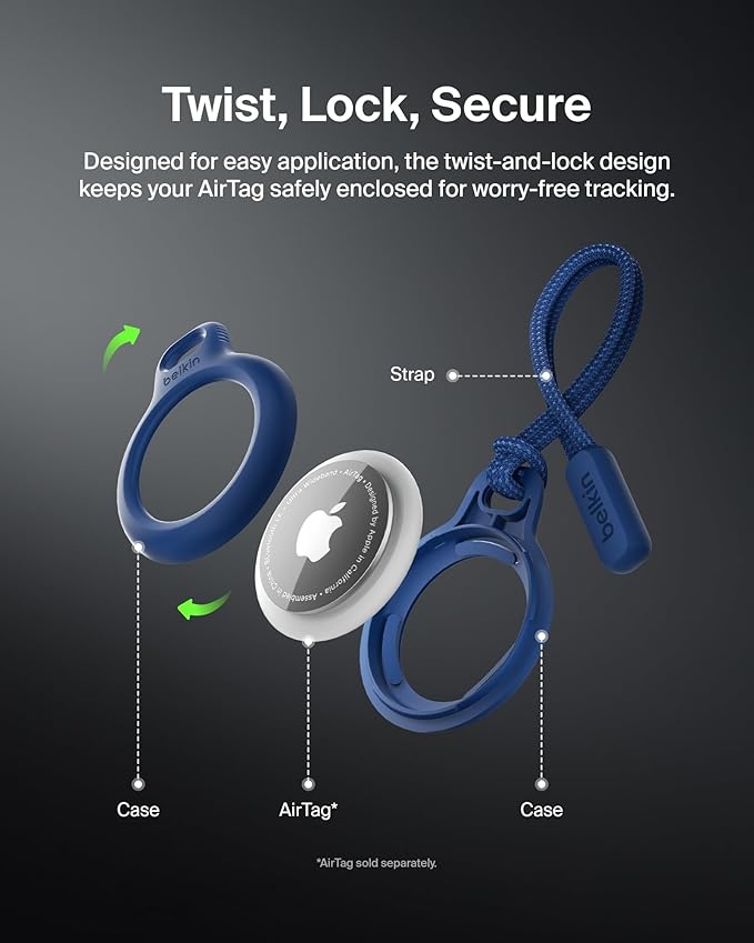 Belkin Apple Airtag Secure Holder With Strap - Apple Air Tag Keychain - Airtag Holder With Strap For Key Ring - Airtag Keychain Accessories - Scratch Resistant Airtag Case With Raised Edges - Blue