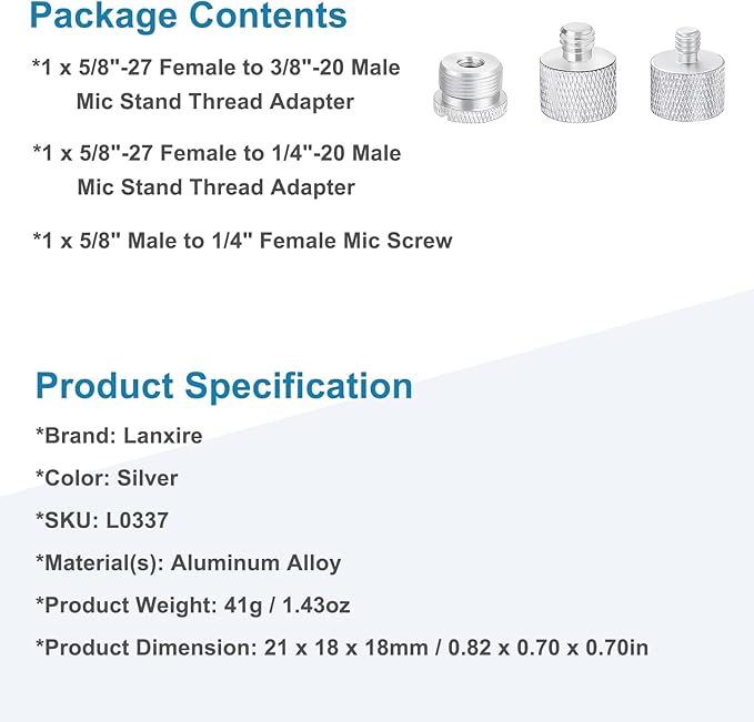 3 Pieces Mic Stand Adapter Set, 5/8" Female to 3/8" Male, 5/8" Female to 1/4" Male & 5/8" Male to 1/4" Female Screw Thread Adapter for Microphone Stand, Boom Arm, Tripod, and Mic Mount