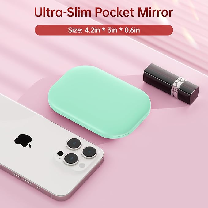 Benbilry Lighted Compact Travel Mirror with 3 Color Lights, 1X/3X Magnifying Ultra Slim Rechargeable Pocket Mirror for Purse, 2-Sided, Handheld, Folding, Portable, Green