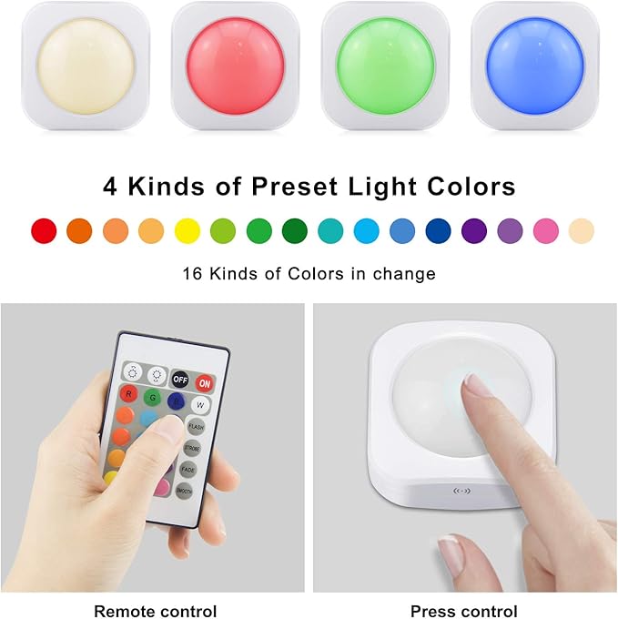 LUXSWAY Battery LED Color Lights, Puck Lights with 2 Remote,Tap Closet Lights, 16 Color Chaning RGB Light Stick to Wall, Under Shelf Lighting -4 Pack