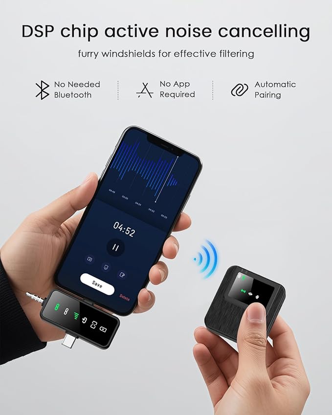 3-in-1 Compact Wireless Microphone for iPhone, Android, Camera: 20H Battery, 328FT Range, Mini Microphone for Video Recording, Noise Canceling for Content Creators(Frosted Black)