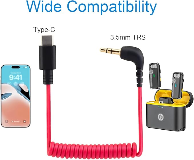 for Rode Wireless GO 2 / ME/Pro USB C to 3.5mm TRS Microphone Adapter Mic Cable, for Hollyland Lark M1 / M2 / MAX / 150 / M1 / MAX Duo DAC Coiled Cable for Android iPhone 15