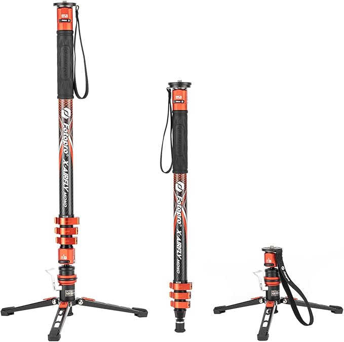 Fotopro 73" 3-in-1 Carbon Fiber Monopod with Pedal, Carbon Fiber Travel Monopod with Feet Max Load 22lbs for DSLR Camera Stabilizer Videography Kit, X-Airfly Mono Orange